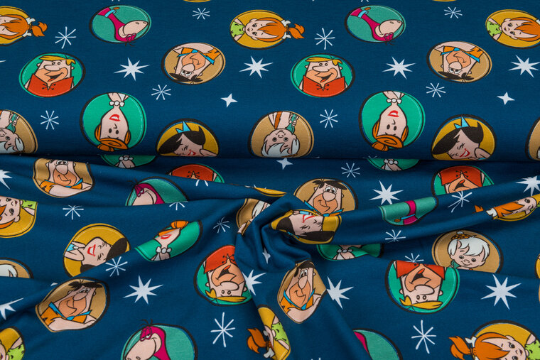 Baumwolljersey bedruckt flintstones blauw