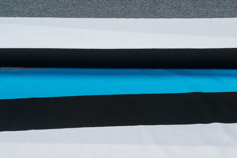 Baumwolljersey bedruckt 3-stripes blau-grau