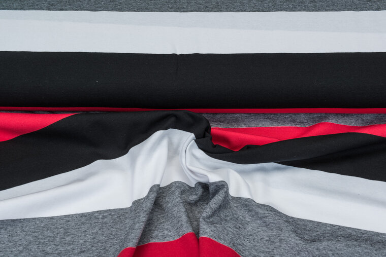 Baumwolljersey bedruckt 3-stripes rot-grau