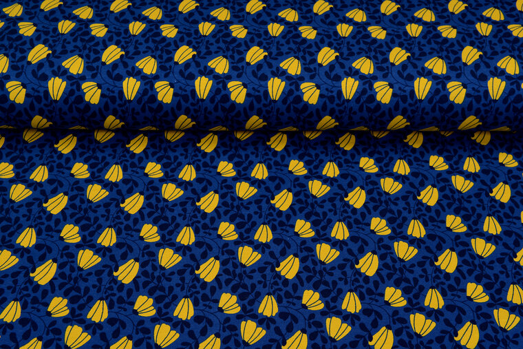 Baumwolljersey bedruckt flower blau-gelb