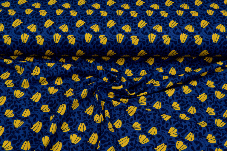 Baumwolljersey bedruckt flower blau-gelb