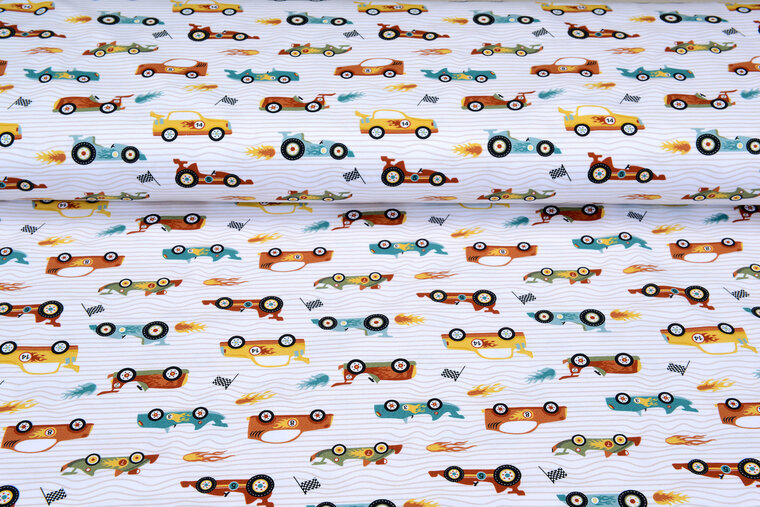 Baumwolljersey bedruckt race cars weiss