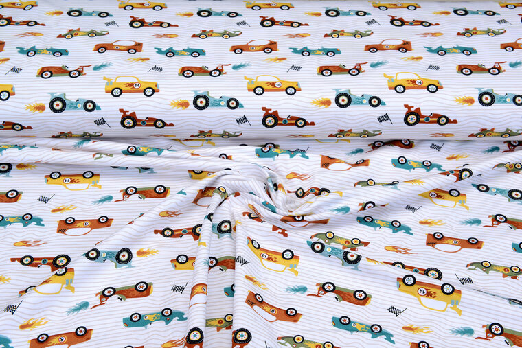 Baumwolljersey bedruckt race cars weiss