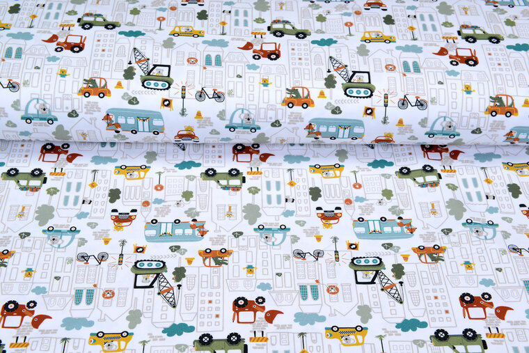 Baumwolljersey bedruckt city cars weiss