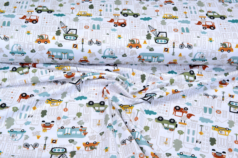 Baumwolljersey bedruckt city cars weiss