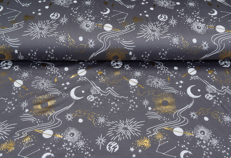 Baumwolljersey bedruckt glitter space dunkelgrau-gold