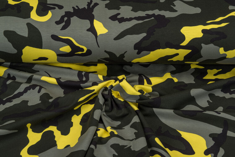 Baumwolljersey bedruckt camouflage gr&uuml;n-neongelb