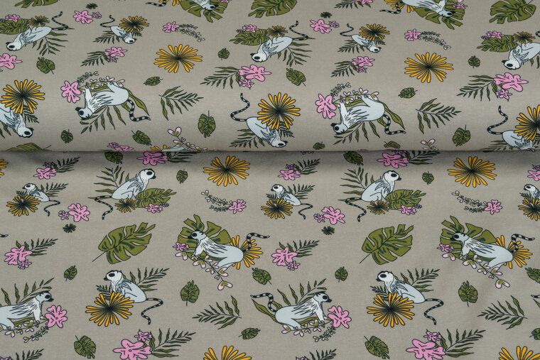 Baumwolljersey bedruckt Flower Lemur taupe