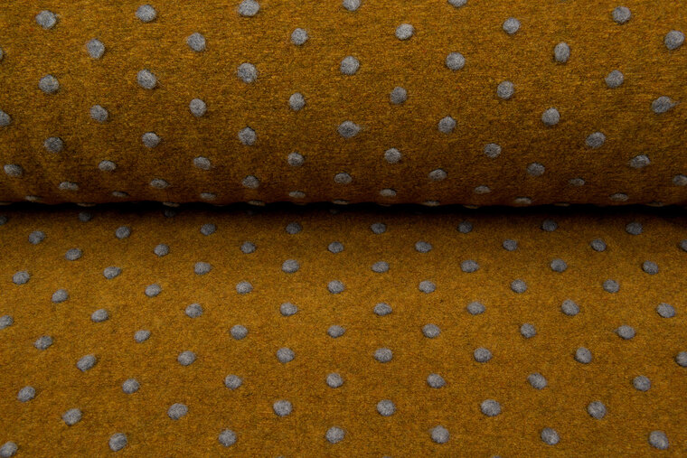 Boiled wool fluffy small dots ockergelb-grau