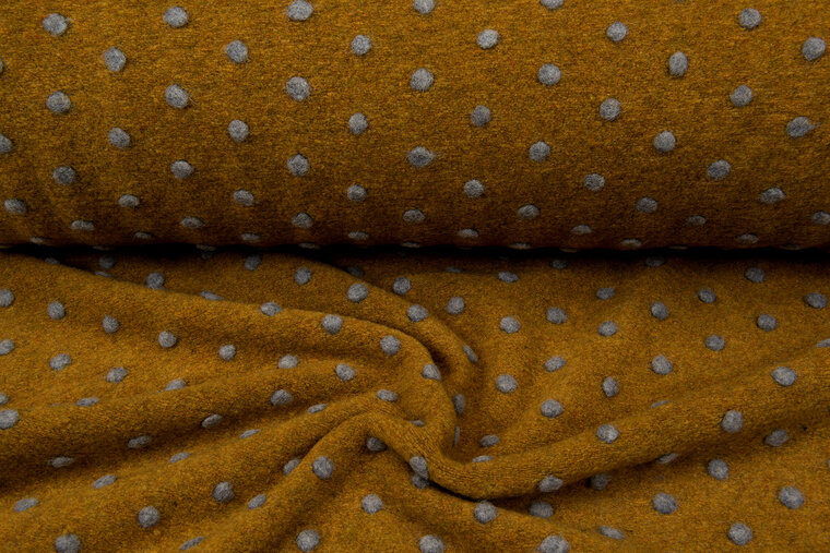 Boiled wool fluffy small dots ockergelb-grau