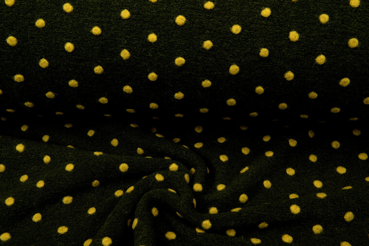Boiled wool fluffy small dots dunkelgr&uuml;n-senfgelb