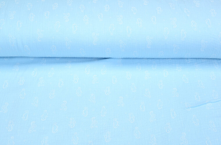 Baumwoll Musselin bedruckt sea horse hellblau