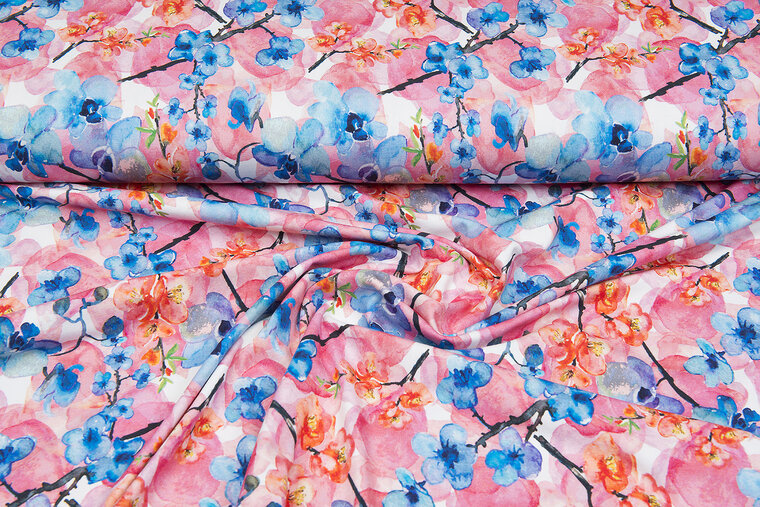 Baumwolljersey bedruckt digital flowers rosa-blau