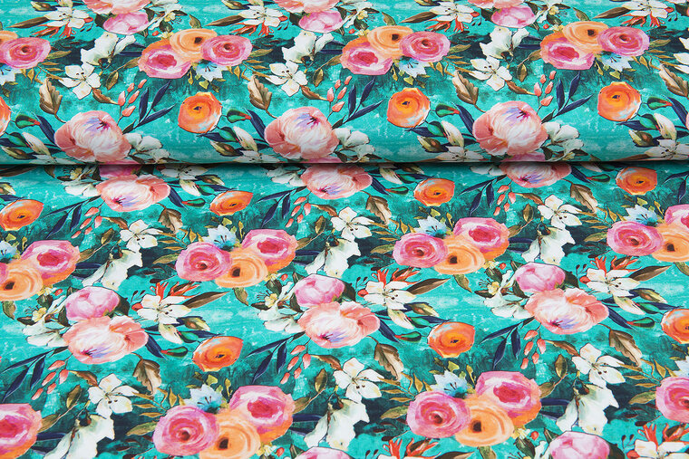 Baumwolljersey bedruckt digital multicolor flowers aqua