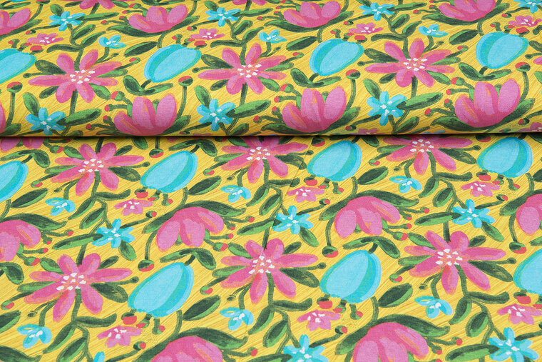 Baumwolljersey bedruckt digital flowers rosa-blau