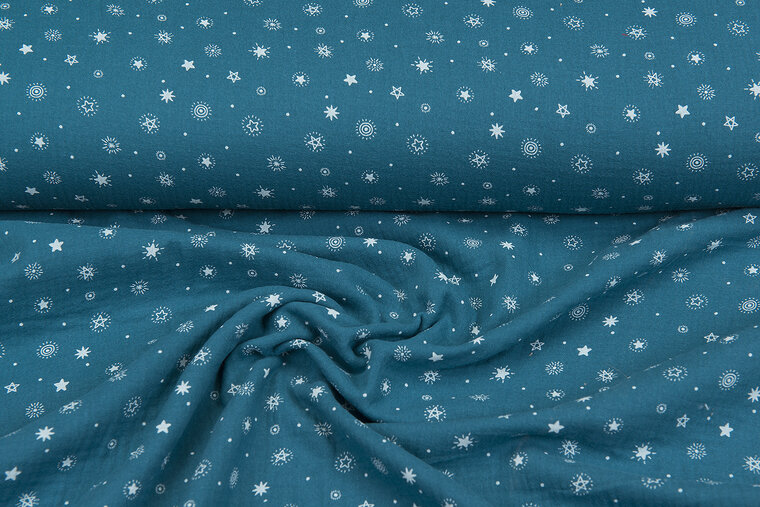 Baumwoll Musselin bedruckt stars &amp; dots petrol