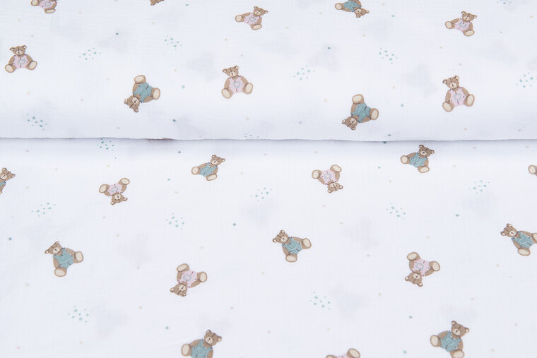 Baumwoll Musselin bedruckt little bears weiss