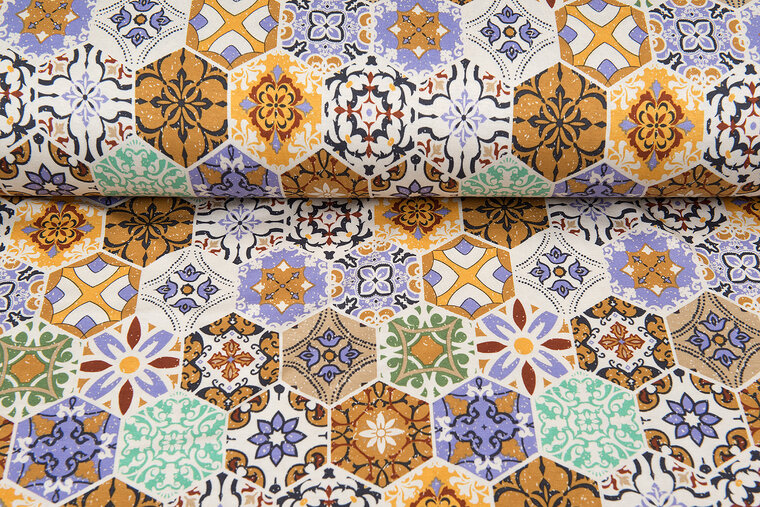 Viskose Jersey bedruckt boho tiles ocker-flieder
