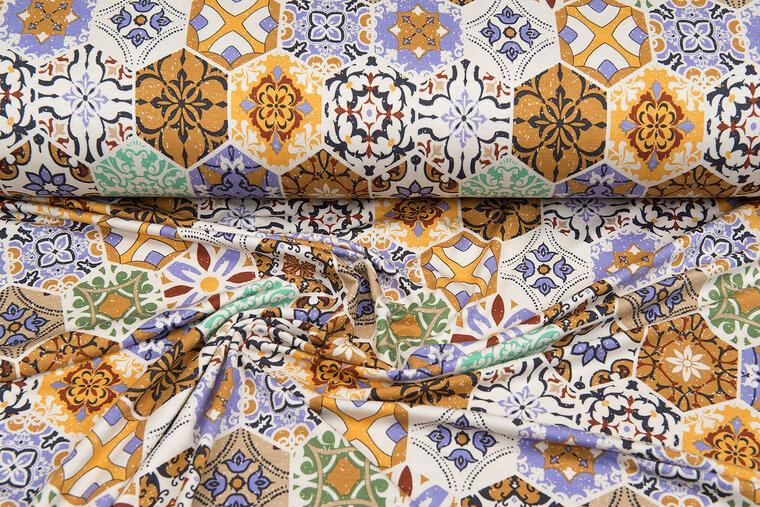 Viskose Jersey bedruckt boho tiles ocker-flieder
