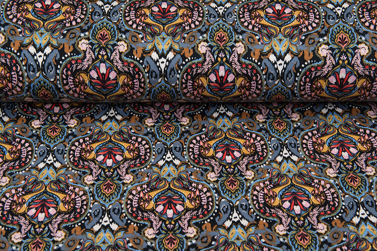 Viskose Jersey bedruckt retro flowers metalblau-rost