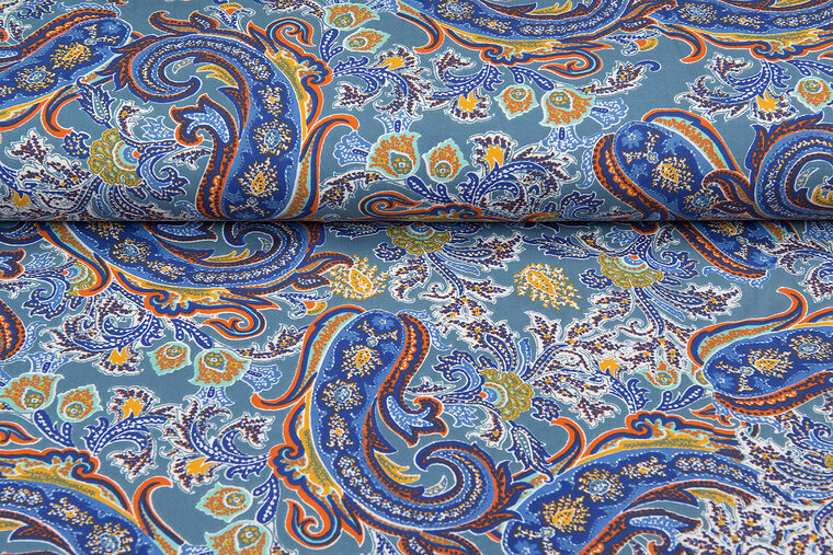 Viskose Jersey bedruckt bohemian paisley poplin stretch metalblau