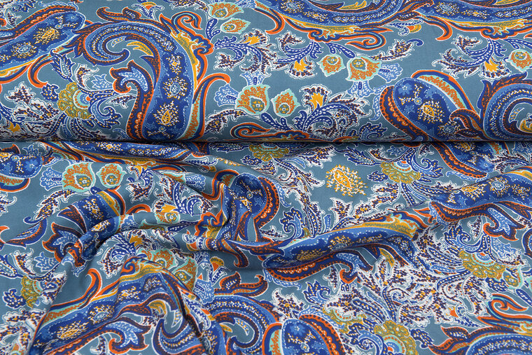 Viskose Jersey bedruckt bohemian paisley poplin stretch metalblau