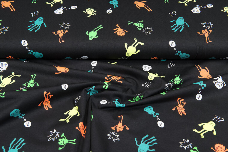 Baumwolljersey bedruckt neon monsters schwarz