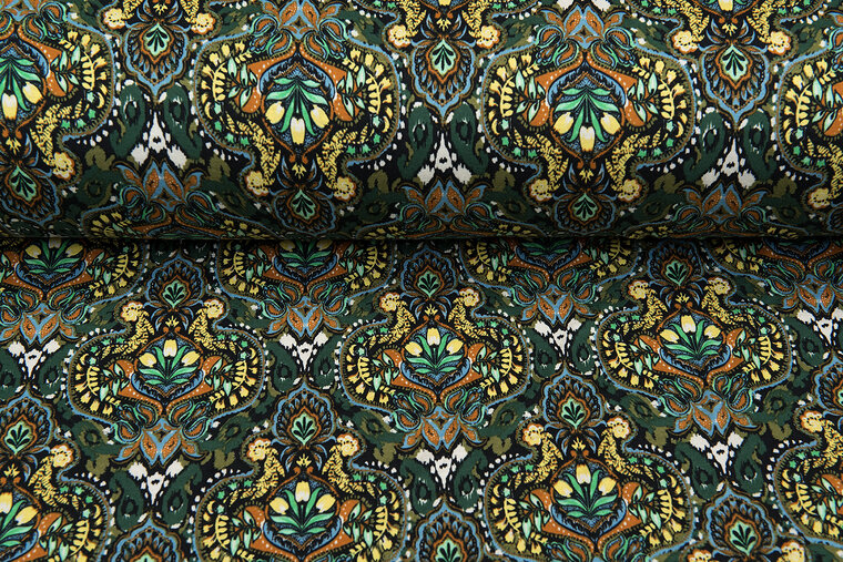 Viskose Jersey bedruckt retro flowers gr&uuml;n-rost