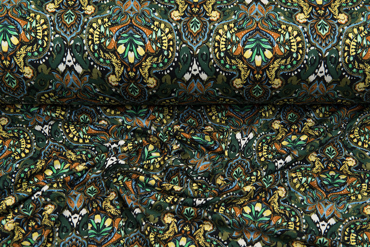 Viskose Jersey bedruckt retro flowers gr&uuml;n-rost