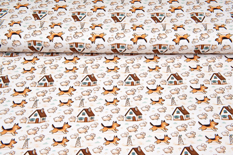 Baumwolljersey digital bedruckt bedrukt little dogs with sheep