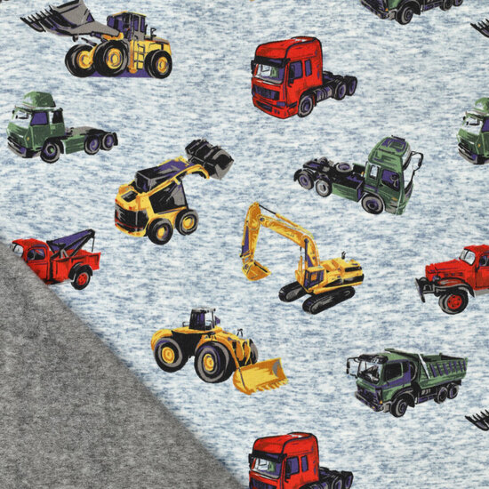Alpenfleece bedruckt working machines jeansblau-grau