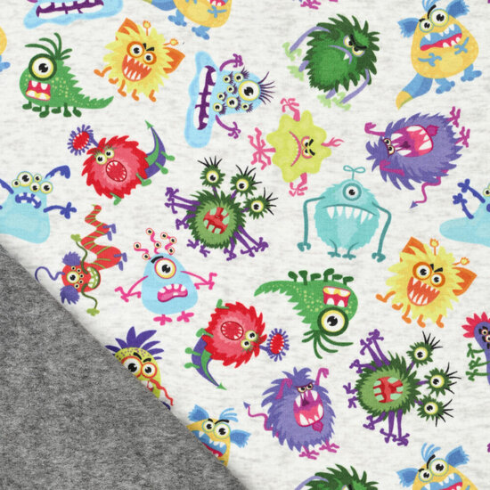 Alpenfleece bedruckt funny monsters hellgrau