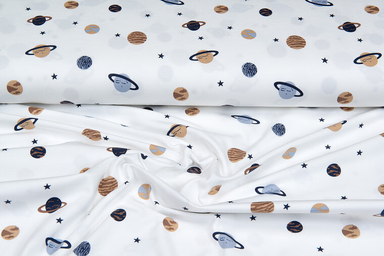 Baumwolljersey bedruckt mini astro world ecru - dunkelblau