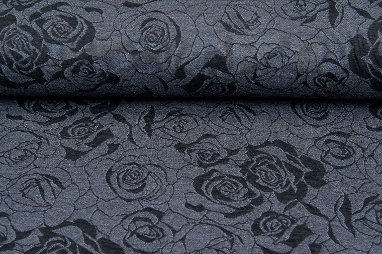 Strickstoff Jacquard roses grau-dunkelblau
