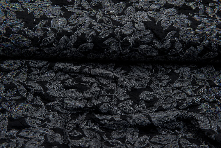 Strickstoff Jacquard leaves grau-schwarz