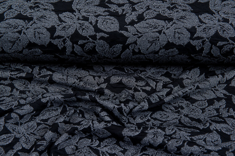 Strickstoff Jacquard leaves grau-dunkelblau