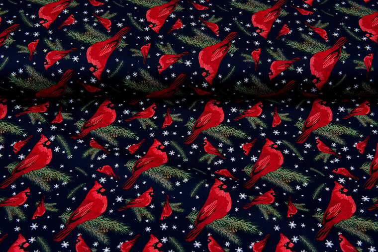 Baumwoll Popeline Bedruckt Weihnachten christmas bird blau-rot