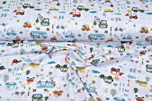 Baumwolljersey bedruckt city cars weiss