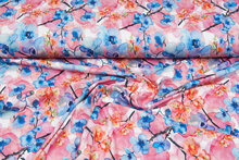 Baumwolljersey bedruckt digital flowers rosa-blau
