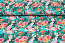 Baumwolljersey bedruckt digital multicolor flowers aqua
