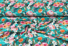 Baumwolljersey bedruckt digital multicolor flowers aqua