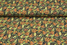 Baumwolljersey bedruckt digital flowers gr&uuml;n-orange