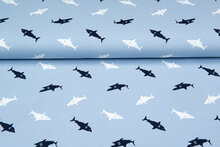Baumwolljersey bedruckt sharks blau