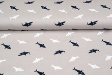 Baumwolljersey bedruckt sharks sand-taupe