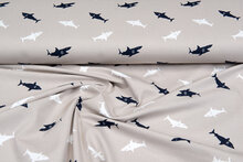 Baumwolljersey bedruckt sharks sand-taupe